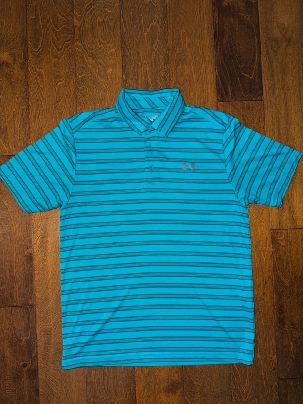 Under Armour Polo Mens Medium Turquoise Blue Striped HeatGear Golf Shirt